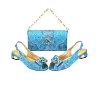 Ensemble de chaussures et sac à talons bas à bout ouvert avec strass pour femme, bleu ciel, 40.5 EU