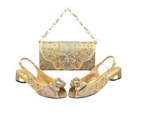 Ensemble de chaussures et sac à talons bas à bout ouvert avec strass pour femme, doré, 42.5 EU