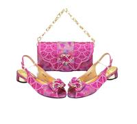 Ensemble de chaussures et sac à talons bas à bout ouvert avec strass pour femme, fuchsia, 41.5 EU