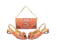 Ensemble de chaussures et sac à talons bas à bout ouvert avec strass pour femme, Orange, 42.5 EU