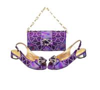 Ensemble de chaussures et sac à talons bas à bout ouvert avec strass pour femme, violet, 41.5 EU