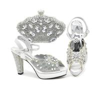 Ensemble de chaussures et sac pour femme avec strass et talon rond et bout ouvert avec décoration en métal, bordeaux, 40.5 EU