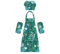 Ensemble de chef amusant de dessin animé mignon paon vert tablier de cuisine pour enfants avec poches pour la pâtisserie, la cuisine, la peinture de 3 à 12 ans, dessin animé mignon paon vert, S