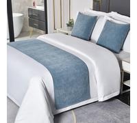 Ensemble de chemin de lit en chenille haut de gamme avec écharpe et serviette - Couvre-lit élégant pour la maison et l'hôtel protège le pied du lit - Design élégant bleu avec taie d'oreiller de 50 x