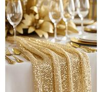 Ensemble de chemin de table et nappe pailletée dorée - Décoration de mariage, fête et événement brillante en or - Nappe carrée avec franges (tissu), convient pour la décoration du centre de la table à
