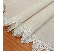 Ensemble de chemin de table vintage cottage 100 % polyester, base en lin beige brut, bordure en dentelle festonnée à mini marguerites tout autour, combo de napperon de table ton neutre clair pour tabl