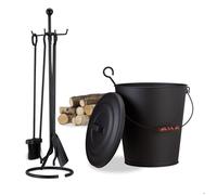 ensemble de cheminée 6 pièces, seau à cendres, outils cheminée 5 pièces avec pelle, balai, tisonnier, pince, noir