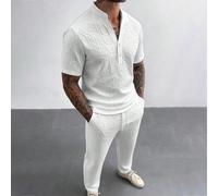 Ensemble de chemises à manches courtes à col en V avec lettres gaufrées GloMan, porter décontracté au quotidien, en voyage, cadeau pour petit ami/mari, vacances d'été, ensemble blanc L,M,S,XLUnicolore
