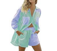 Ensemble de chemises à rayures + short pour femme, léger et aéré, ensemble de loisirs, d'été, de plein air, combinaison de sport, de loisirs, pour femme, moderne, créatif, 2 pièces, vert, S