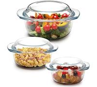 Ensemble de cocottes rondes en verre - 1 l, 1,4 l, 1,7 l avec couvercles et poignées