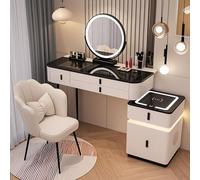 Ensemble de coiffeuse à LED avec chaise, 3 niveaux de luminosité, 5 tiroirs, chargement sans fil, haut-parleur Bluetooth, coiffeuse moderne et élégante pour décoration d'intérieur