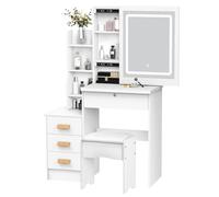 Ensemble de coiffeuse avec chaise miroir et miroir à luminosité réglable Blanc 4 tiroirs 7 étagères ouvertes et armoires