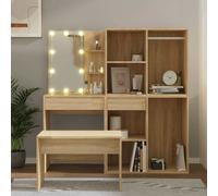 vidaXL Ensemble de Coiffeuse avec LED Table Cosmétique Coiffeuse de Maquillage Table à Bijoux Chambre à Coucher Chêne Sonoma