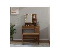 Ensemble De Coiffeuse En Bois Contreplaqué De Chêne Brun Avec Miroir Led Et Tabouret Usb Marron