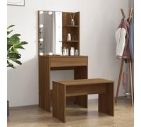 Ensemble de coiffeuse en bois contreplaqué de chêne brun avec miroir LED et tabouret USB