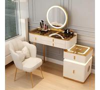 Ensemble de coiffeuse avec lumières LED, table de dressing avec 5 tiroirs, station de charge sans fil et haut-parleur Bluetooth, chaise pour chambre à coucher, fille, femme (blanc/doré, 80 cm)