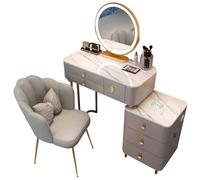 Ensemble de Coiffeuse avec Miroir éclairé, 3 Options de Couleurs, Prise de Courant, Chargement USB, Haut-Parleur Bluetooth, Rangement Amovible, Pieds en métal Robustes