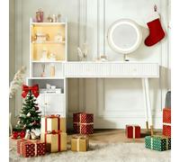 Ensemble de Coiffeuse avec Miroir LED Triphasé, 4 Tiroirs, 1 Armoire Éclairée avec Porte en Verre, 1 Compartiment Ouvert, Blanc, Dimensions : 100 x 40 x 125 cm (sans Tabouret)