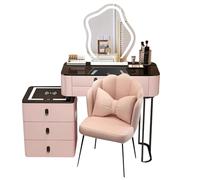 Ensemble de Coiffeuse avec Miroir Lumineux, 3 températures de Couleur, Bureau de Maquillage, Armoire de Rangement Amovible, Ports USB, Haut-Parleur Bluetooth, Chargeur sans Fil, Tabouret