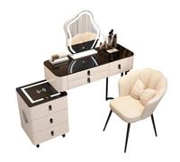 Ensemble de Coiffeuse avec Miroir Lumineux, 3 températures de Couleur, Bureau de Maquillage, Armoire de Rangement Amovible, Ports USB, Haut-Parleur Bluetooth, Chargeur sans Fil, Tabouret