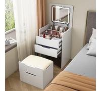 Ensemble de Coiffeuse avec Miroir Rabattable, Table de Maquillage à 4 tiroirs et Tabouret, Petite Commode multifonctionnelle pour Chambre à Coucher, Coiffeuse à 3 tiroirs intégrée avec lumiè