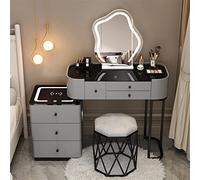 Ensemble de coiffeuse avec station de charge sans fil, haut-parleur Bluetooth, 3 couleurs à intensité variable, miroir éclairé à 5 tiroirs, tabouret rembourré, table de maquillage idéale pour la