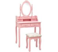 Ensemble Coiffeuse Avec Tabouret, 4 Tiroirs, Miroir Incrusté, Bois De Paulownia Rose Rose