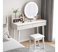 Ensemble de coiffeuse blanche avec 3 modes d'éclairage de couleur réglables, contrôle de la luminosité, 2 tiroirs et tabouret, coiffeuse parfaite pour les femmes et les filles dans la chambre (99,8 x