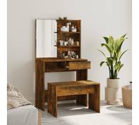Set De Table De Maquillage Vidaxl En Chêne Noir En Bois Reconstitué, Table De Maquillage Vidaxl En Chêne Noir Avec Miroir - 74,5 X 40 X 141 Cm, Tabouret De Maquillage Vidaxl En Chêne Noir 70x35x45 Cm 