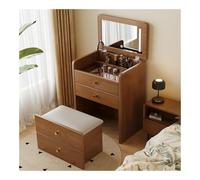 Ensemble de coiffeuse compacte avec miroir pliable et tabouret rembourré marron élégant pour chambre à coucher, design compact et élégant