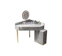 Ensemble de coiffeuse d'angle gris moderne avec tabouret et miroir Table de maquillage minimaliste pour petits appartements Commode de chambre élégante avec armoire de rangement Design d'angle élégant