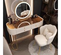 Ensemble de coiffeuse de luxe avec miroir intelligent LED et dessus en verre, coiffeuse élégante et chaise pour chambre à coucher, design moderne, pour elle (blanc, 120 cm)