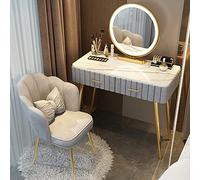 Ensemble de coiffeuse de maquillage avec miroir éclairé 3 couleurs, tabouret rembourré, cloison de rangement, chaise de maquillage grise de 80 cm, en bois massif, idéale pour la chambre à coucher