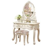 Ensemble de coiffeuse de maquillage de style européen avec miroir et tabouret, table de chambre à coucher blanche avec 2 tiroirs et rangement, 106 x 162 cm, élégante coiffeuse pour femme