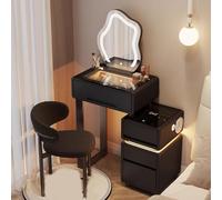 Ensemble de coiffeuse de maquillage intelligent avec haut-parleurs, station de charge, armoire latérale rétractable, tiroir et chaise - Bureau élégant pour les amateurs de beauté