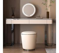 Ensemble de coiffeuse élégant avec 3 options d'éclairage, miroir et tabouret, coiffeuse avec 2 tiroirs, table en rockboard, station de beauté élégante (99,8 x 45 x 78 cm)