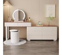 Ensemble de coiffeuse élégant avec tiroir et miroir de maquillage LED intelligent. Tabouret de rangement multicouche en bois massif inclus. Parfait pour un maquillage élégant et une organisation