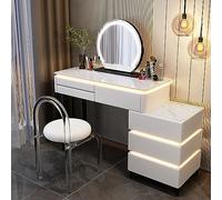 Ensemble de coiffeuse élégante en bois blanc nacré avec miroir et lumières LED pour chambre à coucher, 6 tiroirs spacieux, tabouret rembourré confortable - Coiffeuse élégante pour décoration