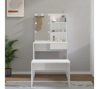 Ensemble de coiffeuse en bois contreplaqué blanc brillant avec miroir LED et tabouret USB