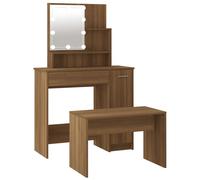 Ensemble de coiffeuse en bois contreplaqué de chêne brun avec miroir LED et tabouret USB