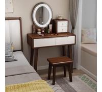 Ensemble de coiffeuse en bois massif avec miroir et lumières - 3 modes d'éclairage réglables - Bureau de maquillage avec tiroirs de rangement et tabouret - Parfait pour les petites chambres et les