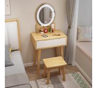 Ensemble de coiffeuse en bois massif avec miroir et lumières - Bureau de maquillage avec tiroirs de rangement et tabouret - Réglable - 3 modes d'éclairage pour chambre à coucher - Parfait pour les