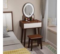 Ensemble de coiffeuse en bois massif avec miroir et lumières, bureau de maquillage avec tiroirs de rangement et tabouret, 3 modes d'éclairage réglables pour chambre à coucher, parfait pour les petits