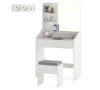 Ensemble de Coiffeuse et Tabouret COSTWAY, Miroir avec Lumières à 3 Couleurs, Station de Recharge, Luminosité Réglable, 2 Tiroirs