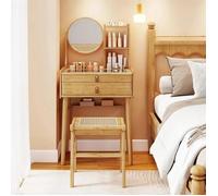Ensemble De Coiffeuse Et Tabouret En Bambou Costway Avec Miroir, 2 Tiroirs, Étagères Ouvertes, Plateau En Verre, Design Compact Multicolore