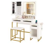 Ensemble de Coiffeuse GIANTEX-Miroir et LED Tricolores-Tabouret Rembourré-Station de Charge-Tiroirs-Étagères, 112 x 40 x 145 Cm