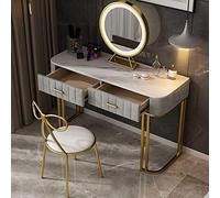 Ensemble de coiffeuse grise avec miroir rond et tabouret rembourré, coiffeuse spacieuse avec 2 tiroirs et étagères de rangement, table de maquillage pour chambre à coucher et salle de maquillage (100