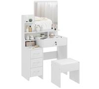 Ensemble de coiffeuse - HOMCOM - table maquillage tabouret rembourré grand miroir 4 tiroirs - bois - blanc