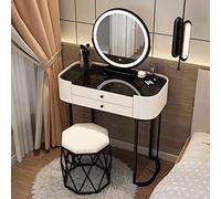 Ensemble de coiffeuse moderne avec miroir éclairé, tabouret rembourré, 2 grands tiroirs, dessus en verre trempé noir, coiffeuse élégante pour chambre à coucher pour femme (blanc et noir, 71,1 cm)