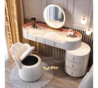 Ensemble de coiffeuse moderne avec miroir rotatif HD tactile (3 couleurs de lumière), bois massif et plateau en marbre fritté, rose, 120 cm, avec chaise